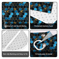 Aperturee - (7 Day Delivery) Aperturee Elegant Blue Gold Hexagon Shower Curtain Kit