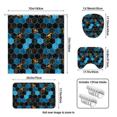 Aperturee - (7 Day Delivery) Aperturee Elegant Blue Gold Hexagon Shower Curtain Kit