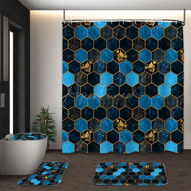 Aperturee - (7 Day Delivery) Aperturee Elegant Blue Gold Hexagon Shower Curtain Kit