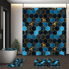 Aperturee - (7 Day Delivery) Aperturee Elegant Blue Gold Hexagon Shower Curtain Kit