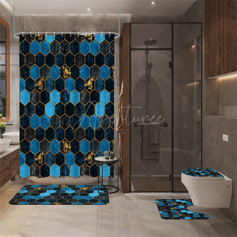 Aperturee - (7 Day Delivery) Aperturee Elegant Blue Gold Hexagon Shower Curtain Kit
