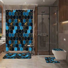 Aperturee - (7 Day Delivery) Aperturee Elegant Blue Gold Hexagon Shower Curtain Kit