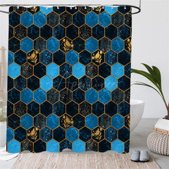 Aperturee - (7 Day Delivery) Aperturee Elegant Blue Gold Hexagon Shower Curtain Kit