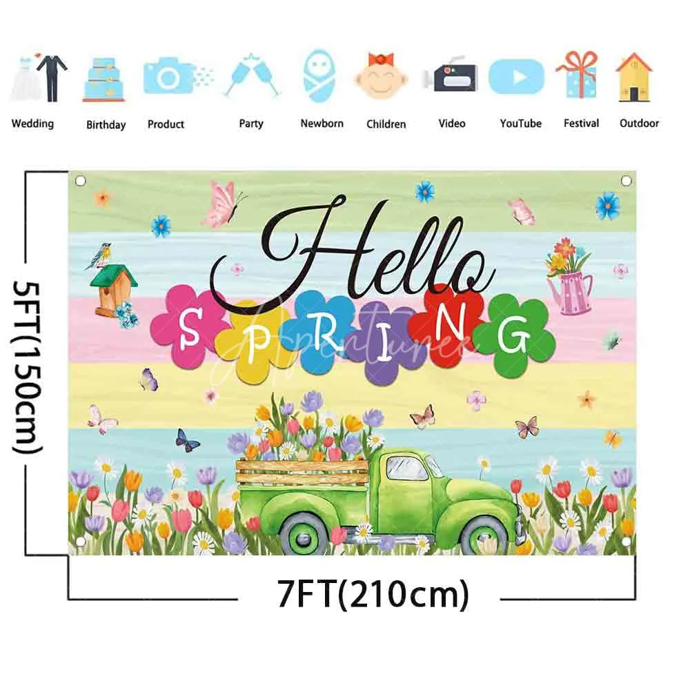 Aperturee - (7 Day Delivery) Aperturee Hello Spring Backdrop Green Truck with Colorful Tulips and Butterfly Background Seasonal Garden