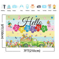 Aperturee - (7 Day Delivery) Aperturee Hello Spring Backdrop Green Truck with Colorful Tulips and Butterfly Background Seasonal Garden
