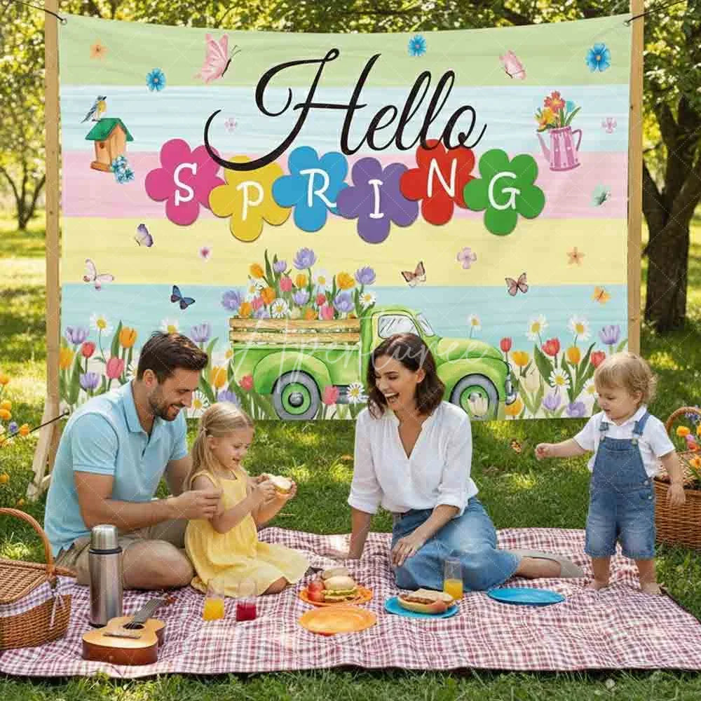 Aperturee - (7 Day Delivery) Aperturee Hello Spring Backdrop Green Truck with Colorful Tulips and Butterfly Background Seasonal Garden