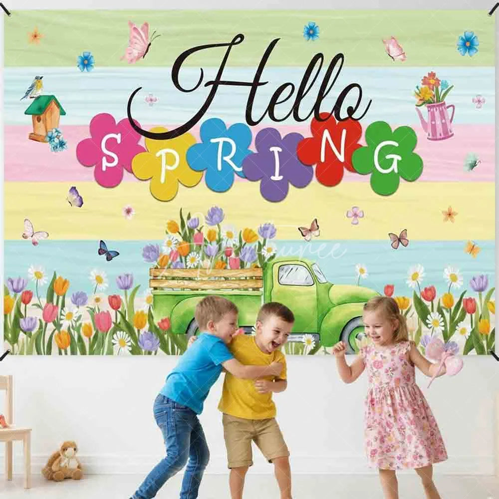 Aperturee - (7 Day Delivery) Aperturee Hello Spring Backdrop Green Truck with Colorful Tulips and Butterfly Background Seasonal Garden