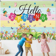 Aperturee - (7 Day Delivery) Aperturee Hello Spring Backdrop Green Truck with Colorful Tulips and Butterfly Background Seasonal Garden