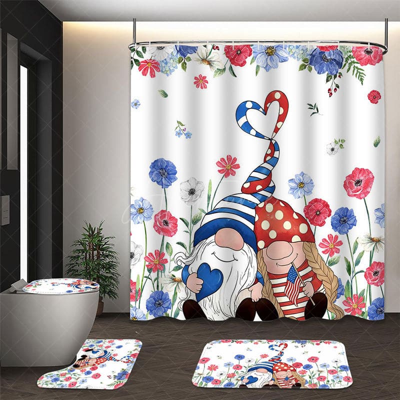 Aperturee - (7 Day Delivery) Aperturee Usa Flag Floral Gnome Shower Curtain Kit