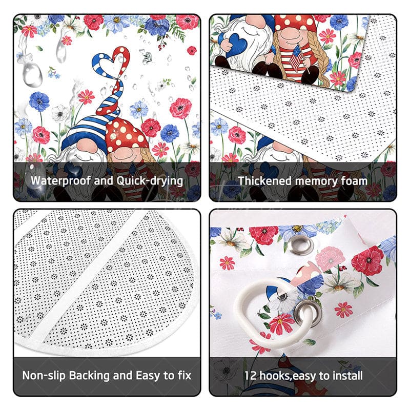 Aperturee - (7 Day Delivery) Aperturee Usa Flag Floral Gnome Shower Curtain Kit