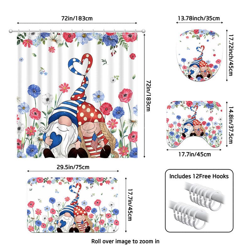 Aperturee - (7 Day Delivery) Aperturee Usa Flag Floral Gnome Shower Curtain Kit