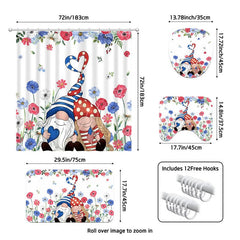 Aperturee - (7 Day Delivery) Aperturee Usa Flag Floral Gnome Shower Curtain Kit