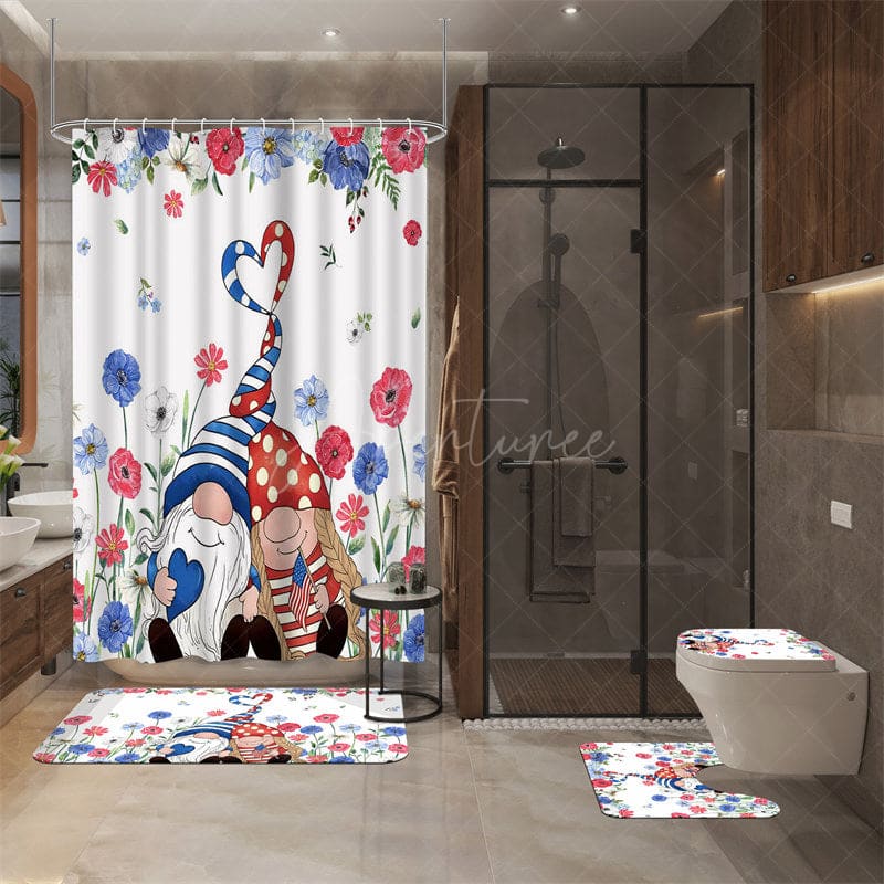Aperturee - (7 Day Delivery) Aperturee Usa Flag Floral Gnome Shower Curtain Kit