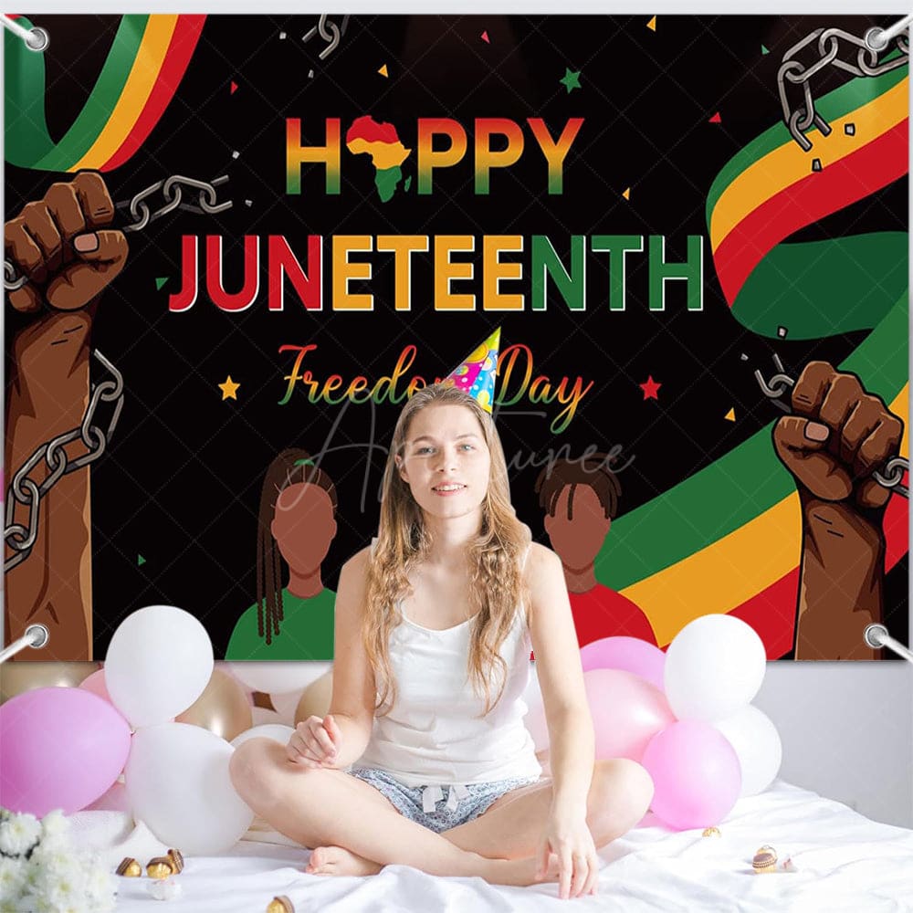 Aperturee - (7 Day Delivery) Aperturee Black Freedom Day Happy Juneteenth Party Backdrop