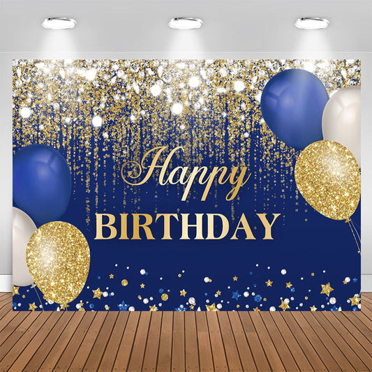 Aperturee - 7X5FT Blue and Gold Balloons Glitter Birthday Backdrop