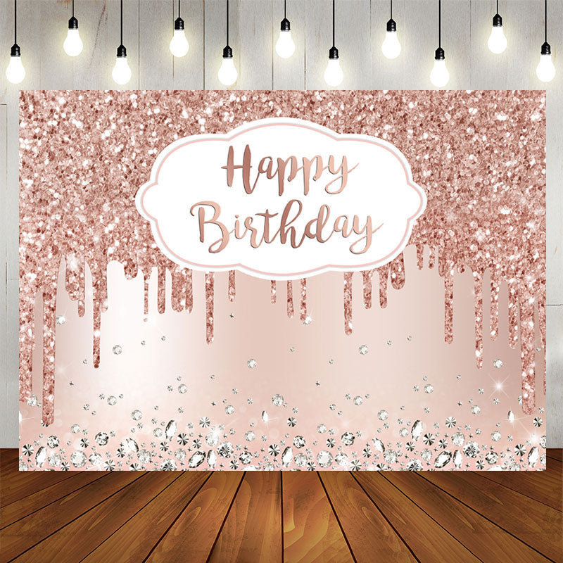 Aperturee - 7X5FT Pink Rose Golden Birthday Party Backdrop with Diamonds