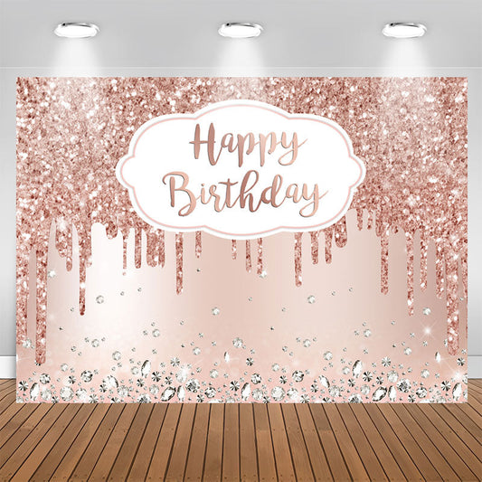 Aperturee - 7X5FT Pink Rose Golden Birthday Party Backdrop with Diamonds