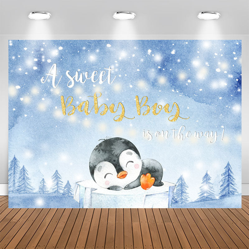 Aperturee - A Little Cute Penguin Winter Bule Baby Shower Backdrop