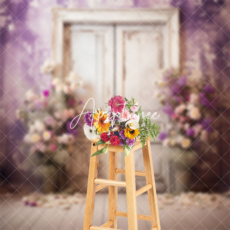 Aperturee - Abstract Purple Wall Wooden Door Floral Backdrop