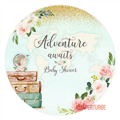 Aperturee - Adventure Awaits Map Floral Baby Shower Backdrop