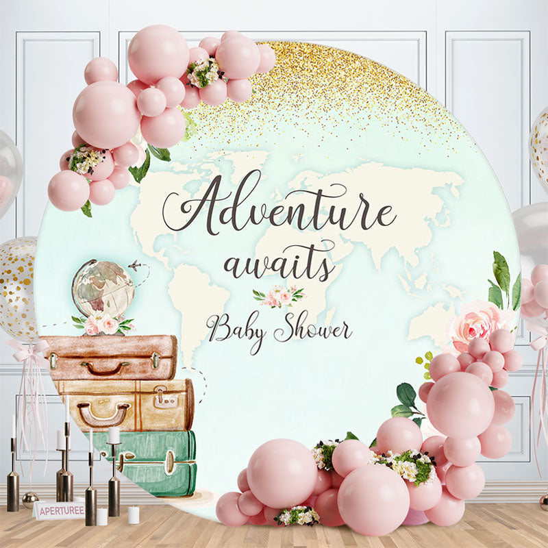 Aperturee - Adventure Awaits Map Floral Baby Shower Backdrop