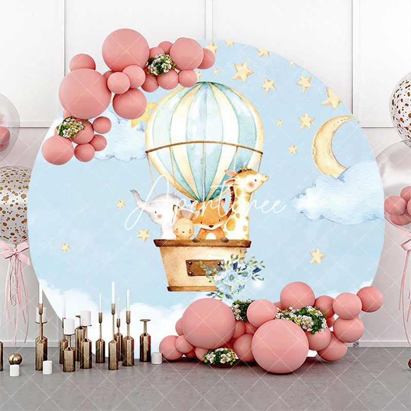 Aperturee - Animals Air Balloon Star Round Baby Shower Backdrop