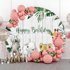 Aperturee Animals And White Wooden Happy Birthday Circle Backdrop