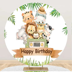 Aperturee - Animals Car Safari Leaves Round Birthday Backdrop