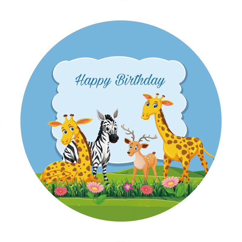 Aperturee - Animals With Grassland Round Happy Birthday Backdrop