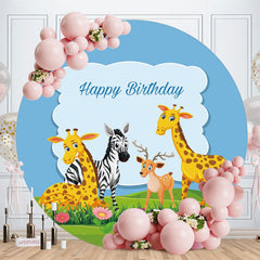 Aperturee - Animals With Grassland Round Happy Birthday Backdrop