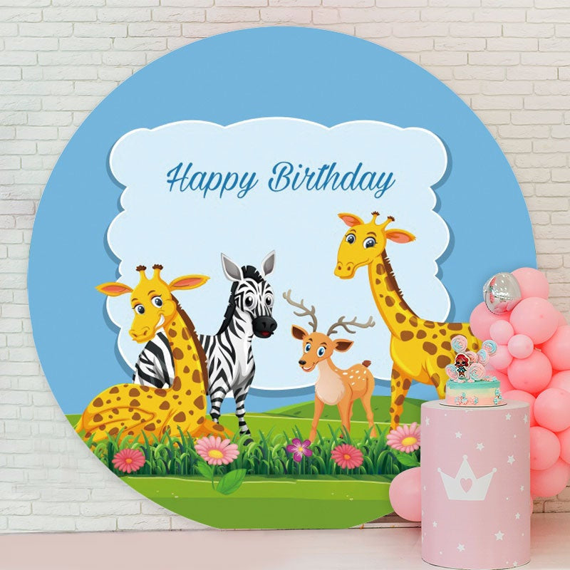 Aperturee - Animals With Grassland Round Happy Birthday Backdrop