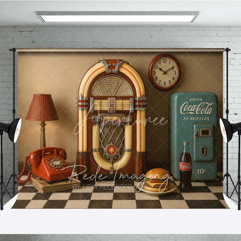 Aperturee - Aperturee 1950s Retro Diner Photography Backdrop Jukebox and Vintage Soda Machine Photo Background
