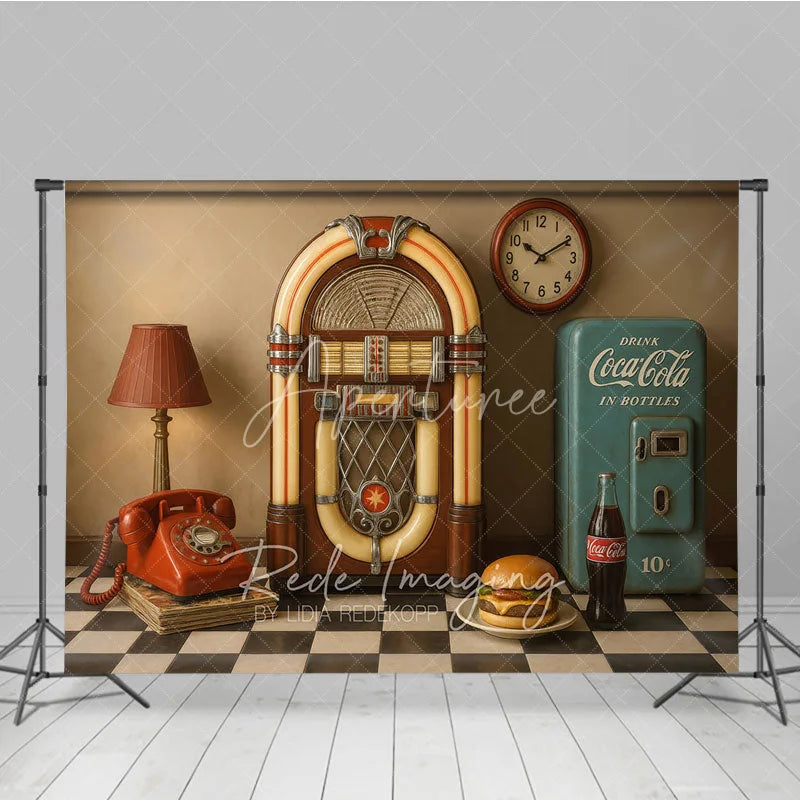 Aperturee - Aperturee 1950s Retro Diner Photography Backdrop Jukebox and Vintage Soda Machine Photo Background