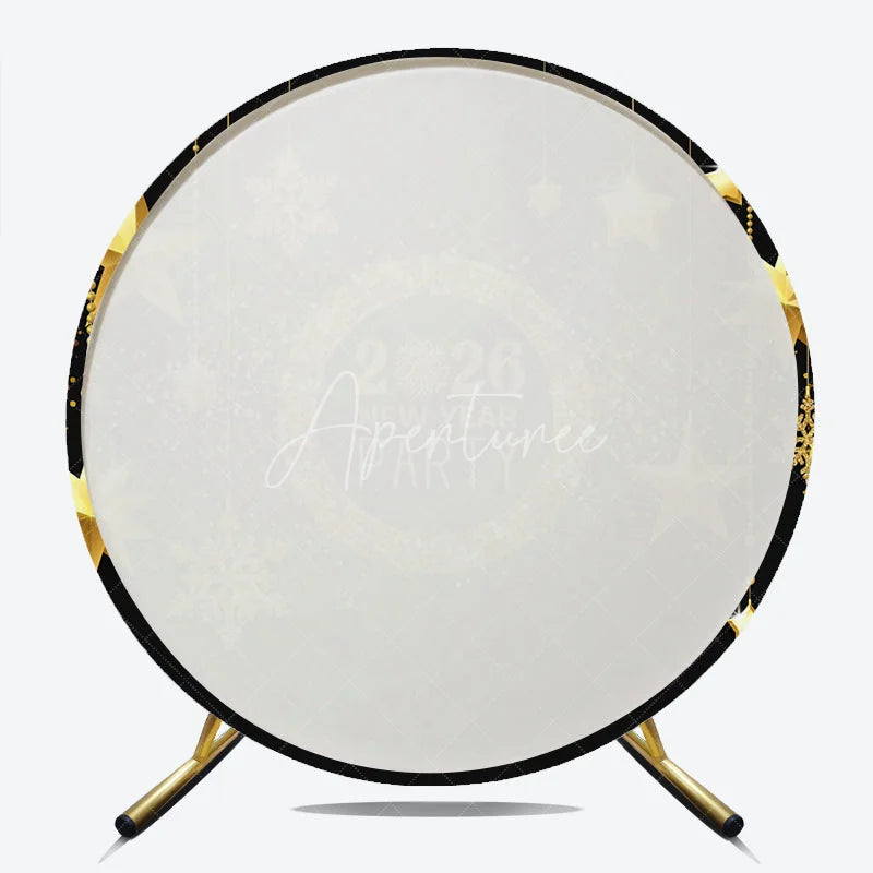 Aperturee - Aperturee 2026 New Year Party Round Backdrop Black and Gold with Hanging Stars Glitter and Snowflakes Holiday Decor