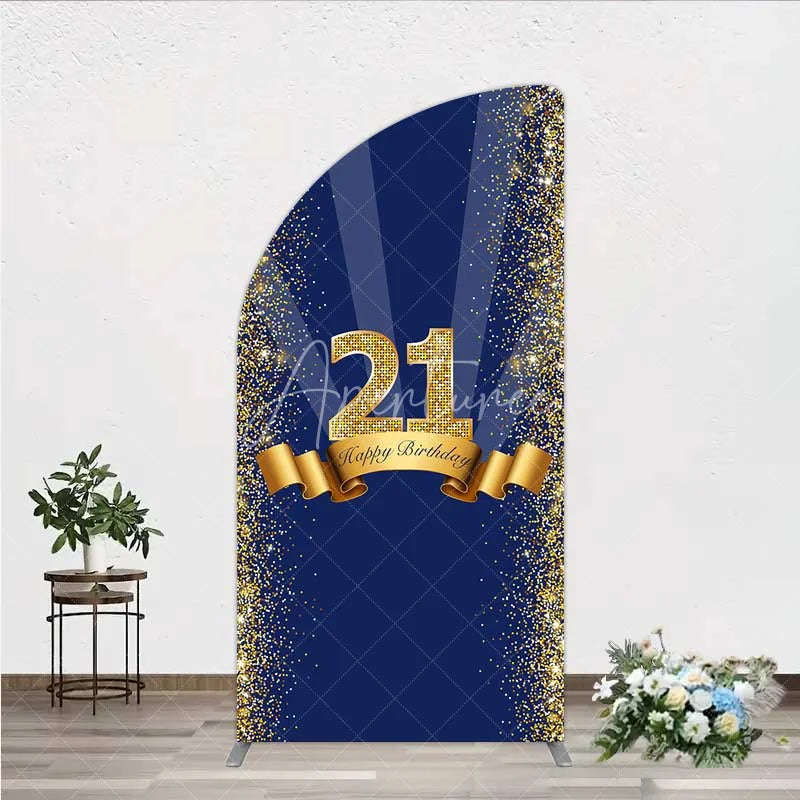 Aperturee - Aperturee 21st Happy Birthday Half Moon Arch Backdrop Gold Glitter Number 21 on Navy Blue Background Cheers to 21 Years Party