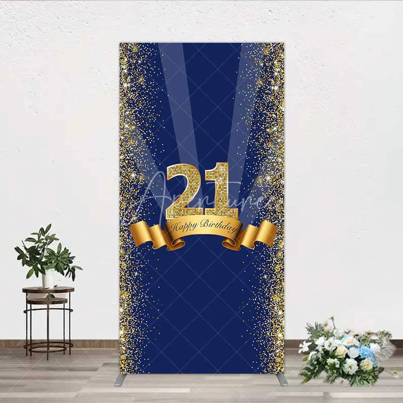 Aperturee - Aperturee 21st Happy Birthday Rectangle Backdrop Gold Glitter Number 21 on Navy Blue Background Cheers to 21 Years Party Decor