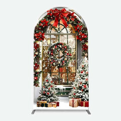 Aperturee - Aperturee 3-Piece Arch Backdrop Set Christmas Storefront Window Green Shop Red Bow Wreath Chiara Wall Cover Holiday Decor