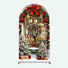 Aperturee - Aperturee 3-Piece Arch Backdrop Set Christmas Storefront Window Green Shop Red Bow Wreath Chiara Wall Cover Holiday Decor