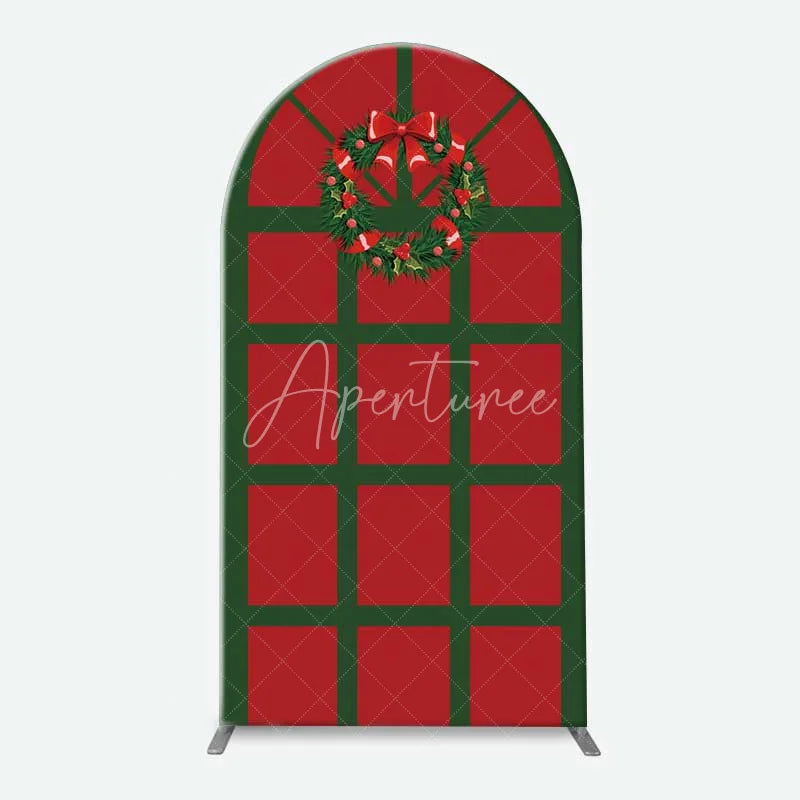 Aperturee - Aperturee 3-Piece Arch Backdrop Set Merry Christmas Red Green Poinsettia Wreath Winter Holiday Chiara Wall Cover Decor