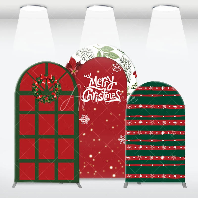 Aperturee - Aperturee 3-Piece Arch Backdrop Set Merry Christmas Red Green Poinsettia Wreath Winter Holiday Chiara Wall Cover Decor