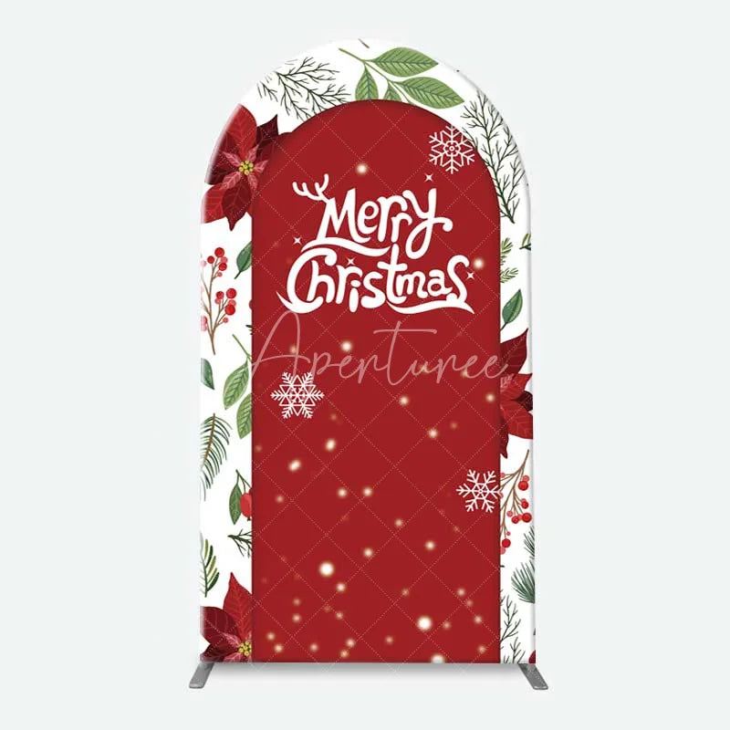 Aperturee - Aperturee 3-Piece Arch Backdrop Set Merry Christmas Red Green Poinsettia Wreath Winter Holiday Chiara Wall Cover Decor
