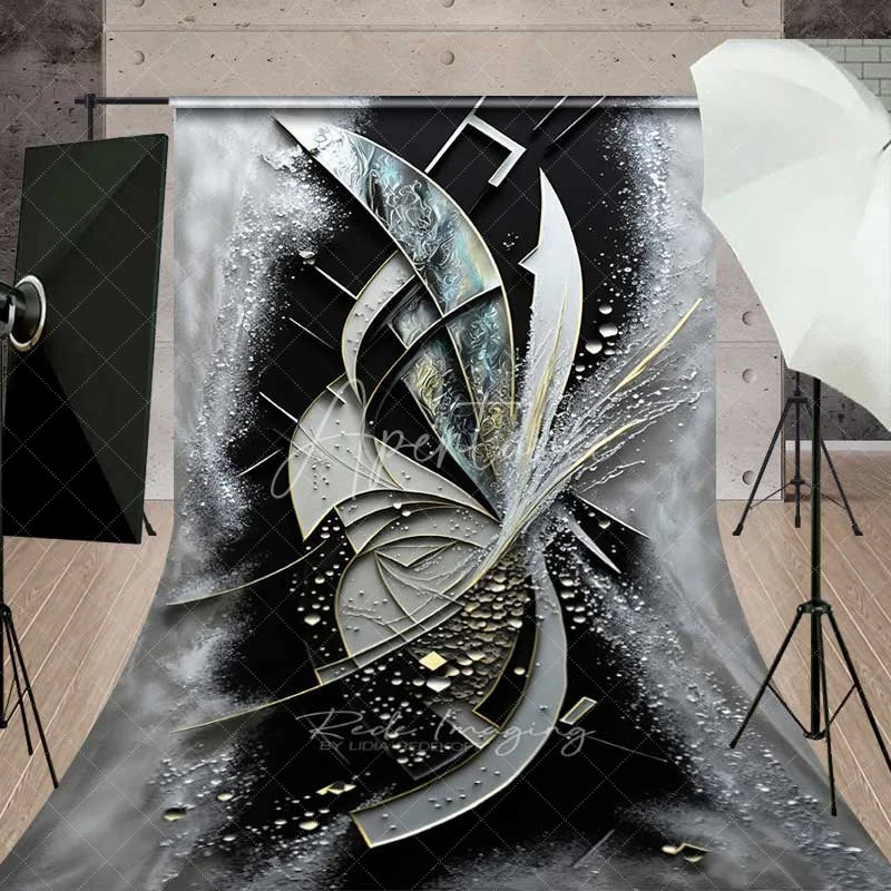 Aperturee - Aperturee 3D Geometric Metallic Abstract Backdrop Black White and Gold Splashing Art Photography Background
