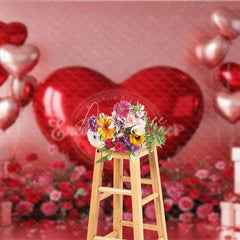Aperturee - Aperturee 3D Giant Red Heart Backdrop Metallic Gift Boxes Red Flowers Background Valentine Day Photography Studio Prop