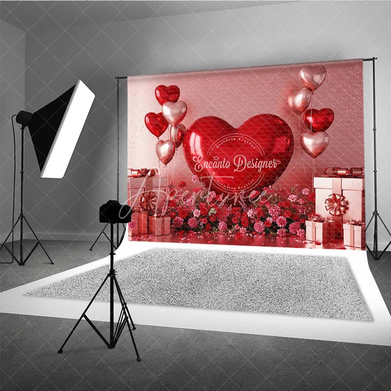 Aperturee - Aperturee 3D Giant Red Heart Backdrop Metallic Gift Boxes Red Flowers Background Valentine Day Photography Studio Prop