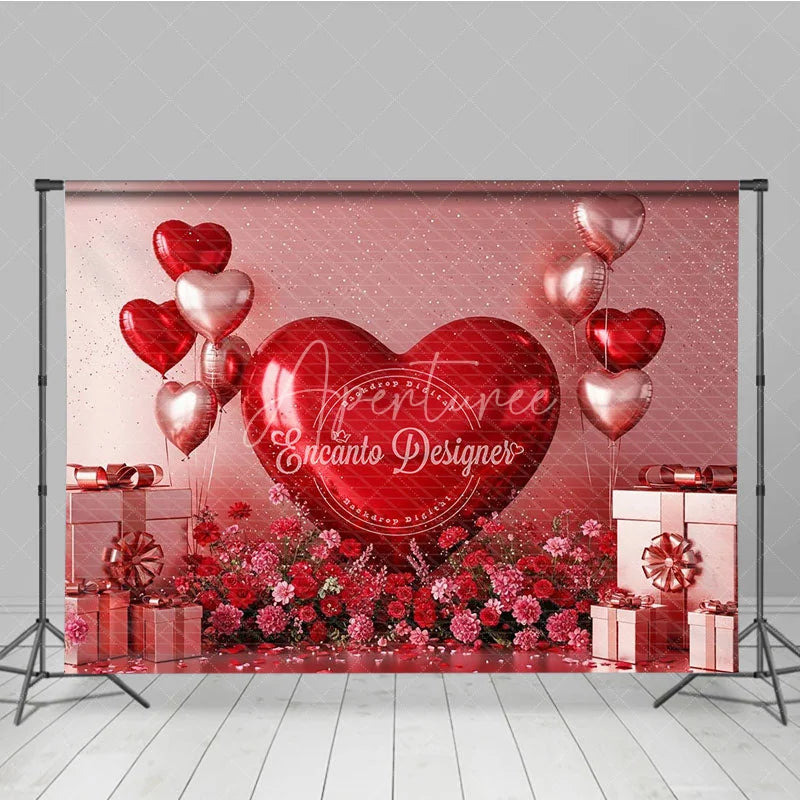 Aperturee - Aperturee 3D Giant Red Heart Backdrop Metallic Gift Boxes Red Flowers Background Valentine Day Photography Studio Prop