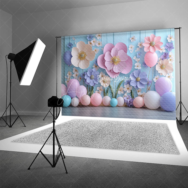 Aperturee - Aperturee 3D Paper Flower Wall Photography Backdrop Pastel Balloons for Birthday Baby Shower Photo Booth Background