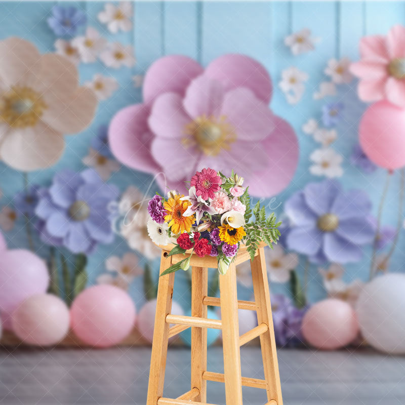 Aperturee - Aperturee 3D Paper Flower Wall Photography Backdrop Pastel Balloons for Birthday Baby Shower Photo Booth Background