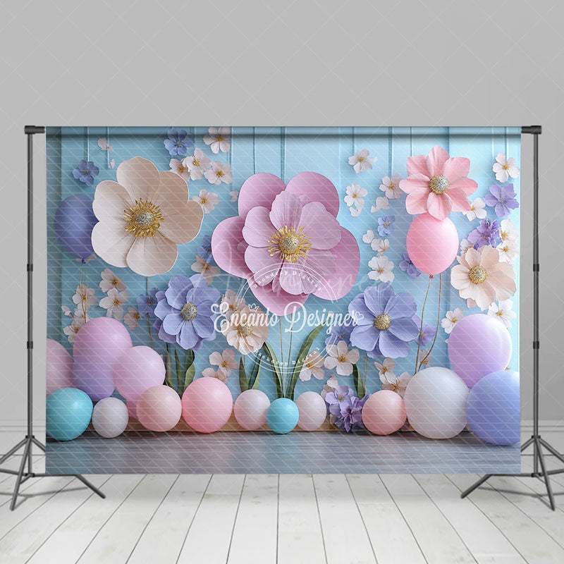Aperturee - Aperturee 3D Paper Flower Wall Photography Backdrop Pastel Balloons for Birthday Baby Shower Photo Booth Background