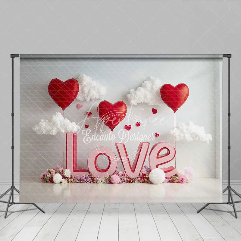 Aperturee - Aperturee 3D Pink LOVE and Red Heart Balloons Backdrop Sweet Valentines Day White Clouds and Flower Party Decor