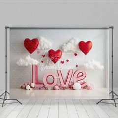 Aperturee - Aperturee 3D Pink LOVE and Red Heart Balloons Backdrop Sweet Valentines Day White Clouds and Flower Party Decor